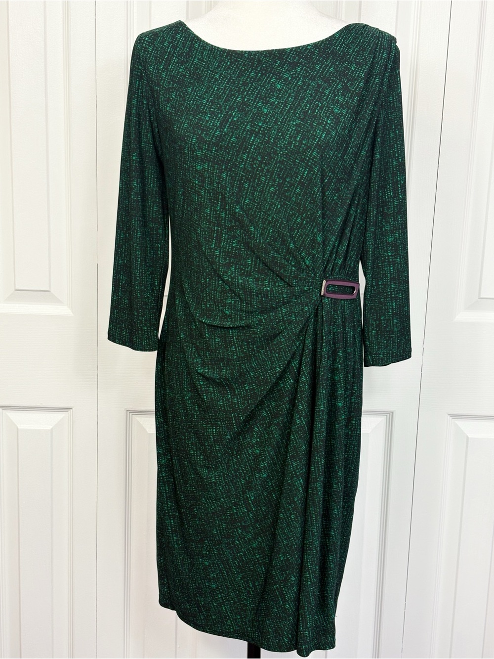 Evan Picone Green & Black Print Faux Wrap Ruched 3/4 Sleeve Sheath Dress 12